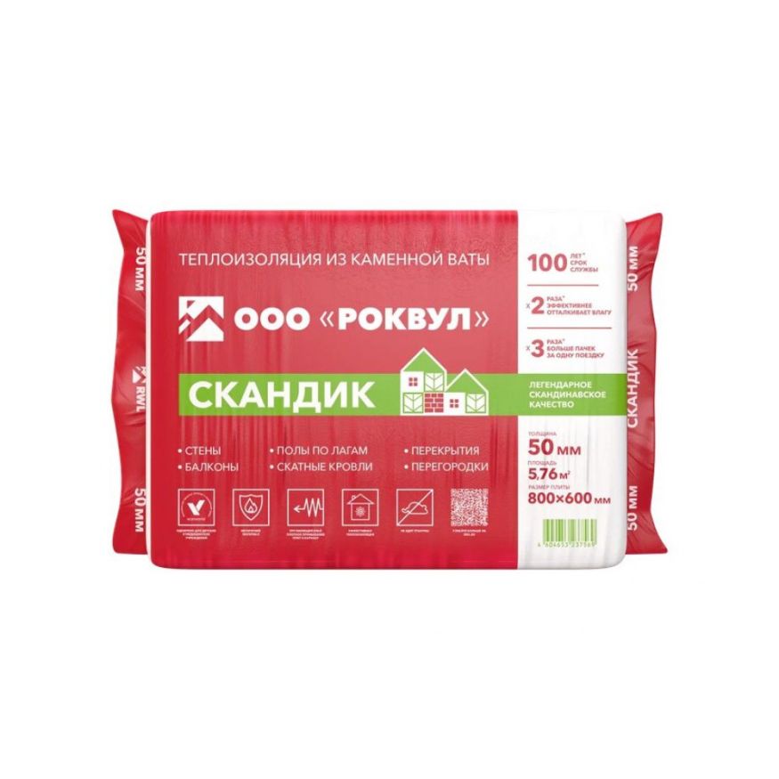 Утеплитель Роквул Скандик 50мм, 12 плит, 5.76м2, 600х800мм, 0.288м3 Rockwool купить в Донецке