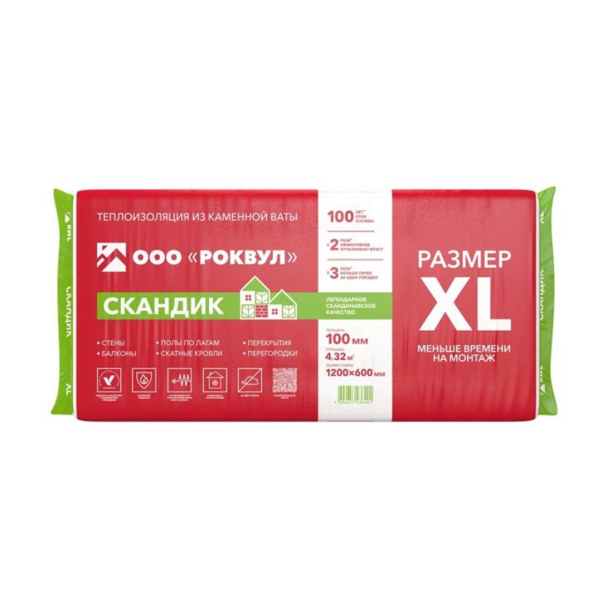 Утеплитель Роквул Скандик XL 100мм, 6 плит, 4.32м2, 600х1200мм, 0.432м3 Rockwool купить в Донецке